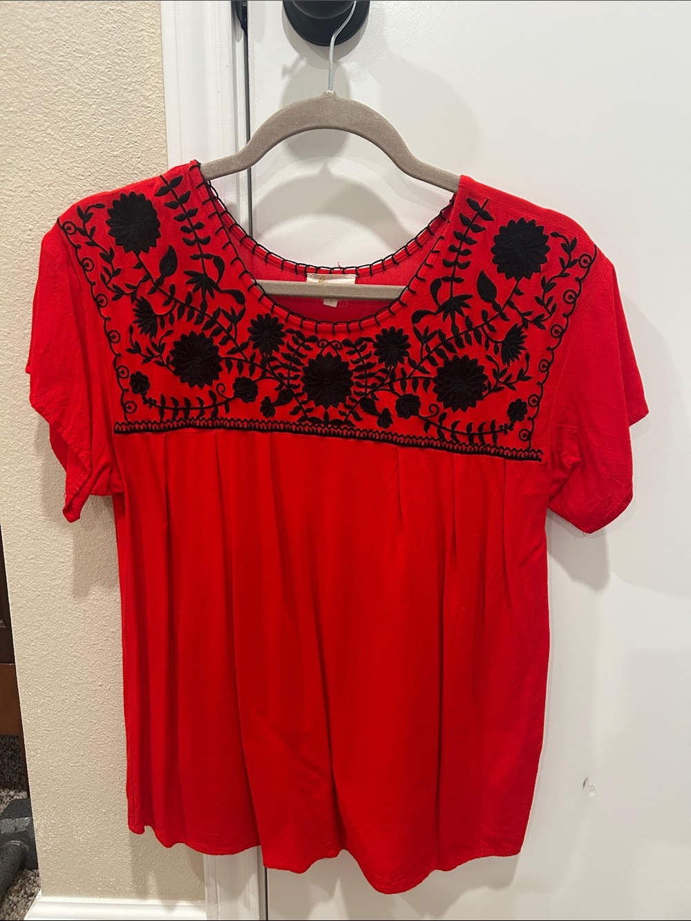 Women's Red Short Sleeve Top with Black Floral Embroidery